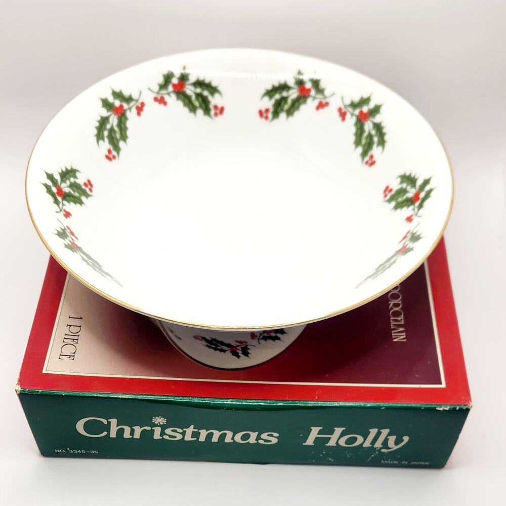 Vintage FWC Kashima Christmas Holly Salad Bowl Fine Porcelain Japan w/ Box